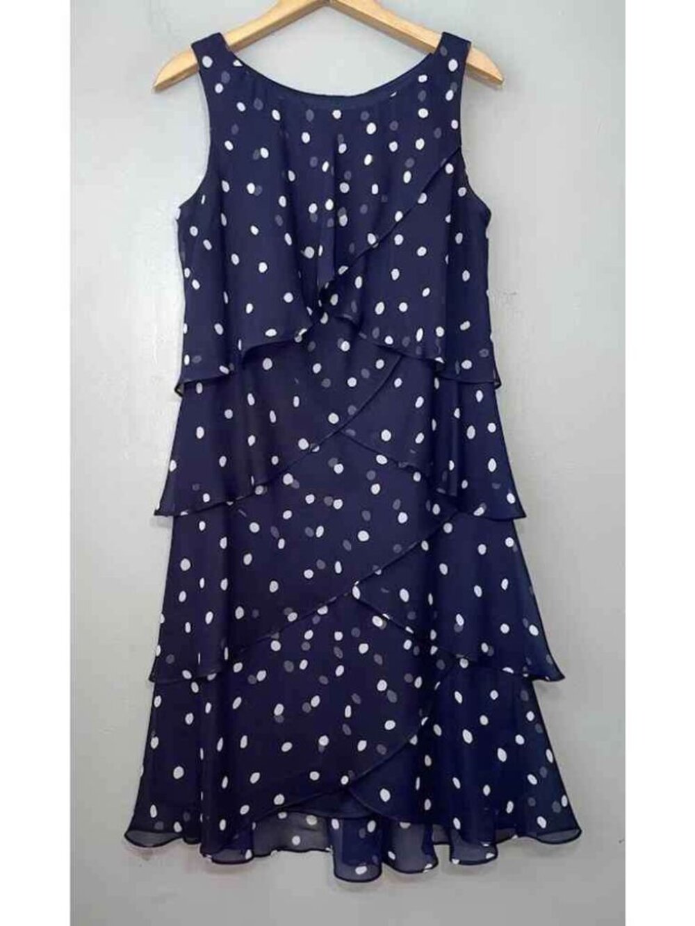 Navy White Polka Dot Sleeveless Tiered Ruffle Chiffon Midi Dress